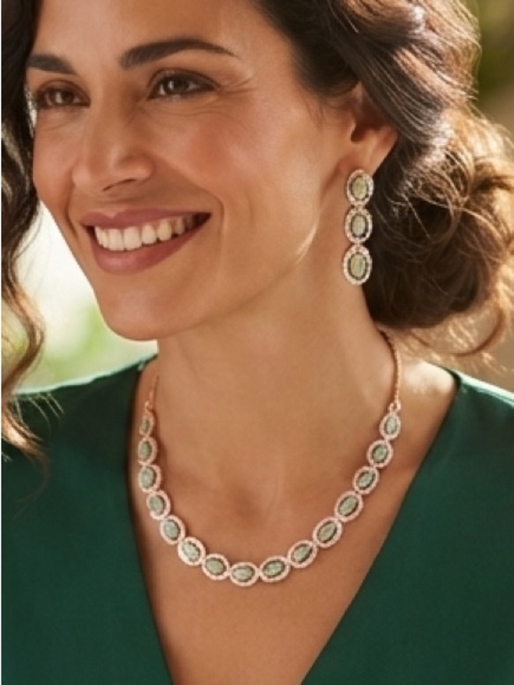 Delicate Gold Necklace and Earring Set with Light Green Stones - Women Jewelry